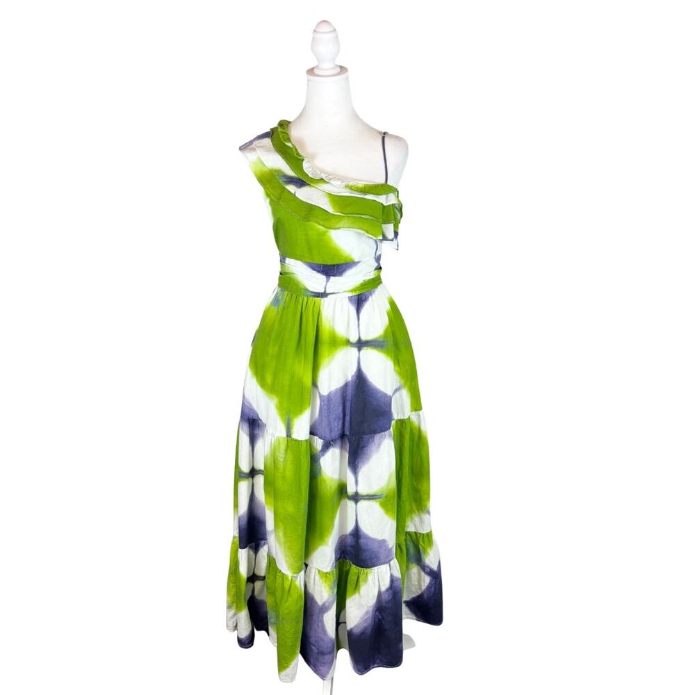 Busayo Collective One Shoulder Tie Dye Tiered Maxi Dress 10 Green - Picture 3 of 10